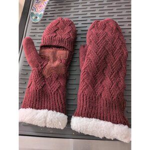 🆕Women Burgundy Mitten Fleece Warm Knit Wool Convertible Half Finger Gloves